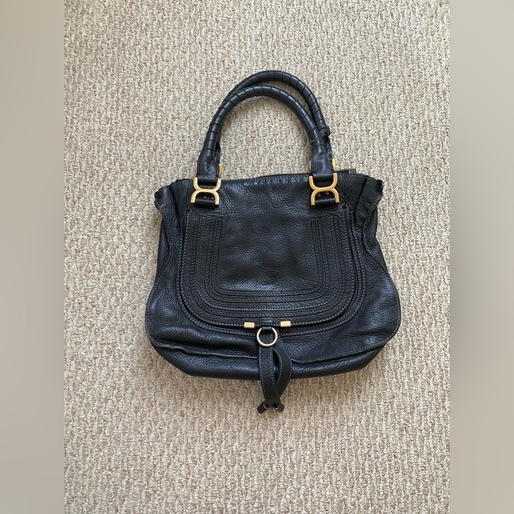 CHLOÉ BLACK BRASS Hardware Marcie textured-LEATHER SHOULDER TOTE